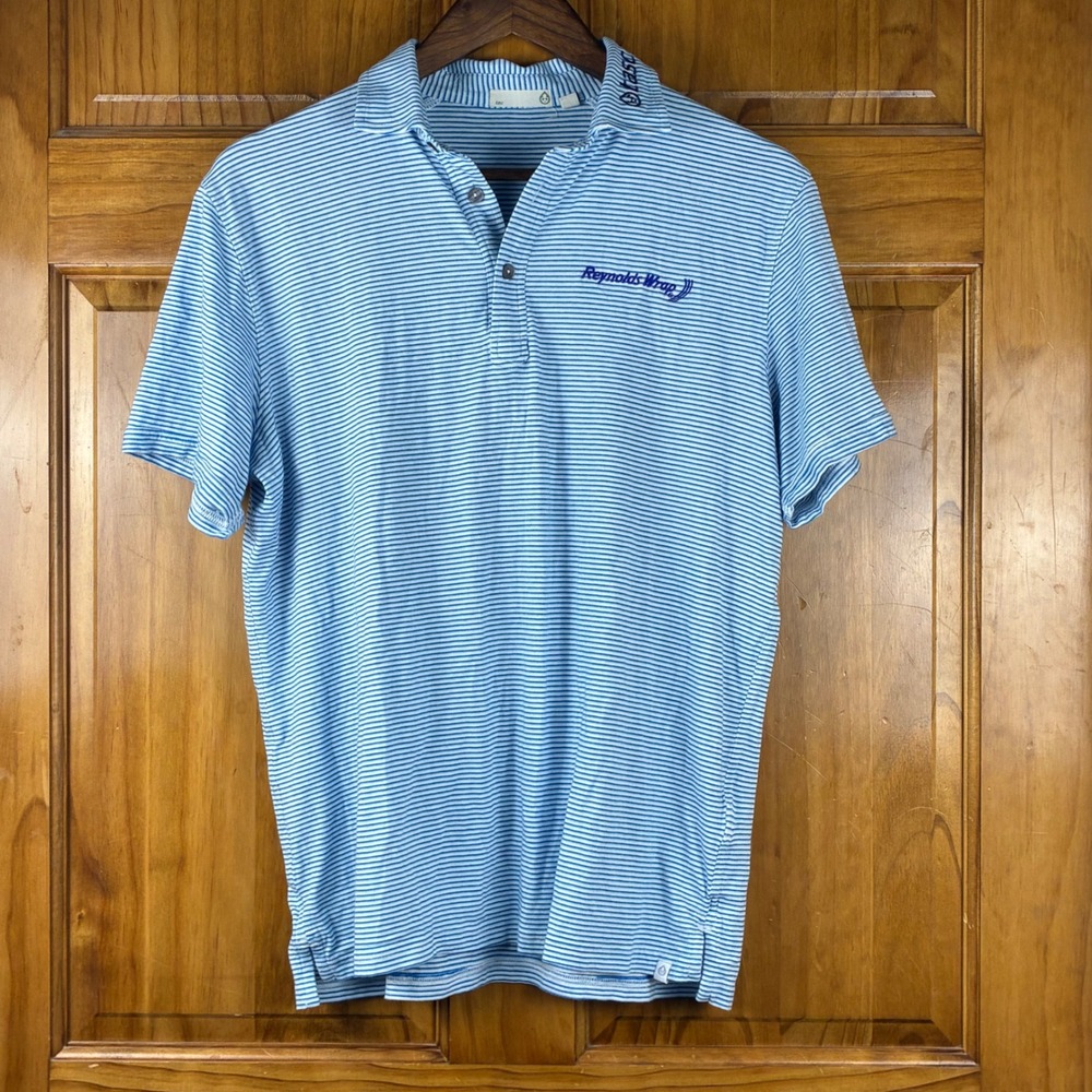 Tasc Performance Mens Polo Shirt Blue White Stripe Reynolds Wrap Logo Size M